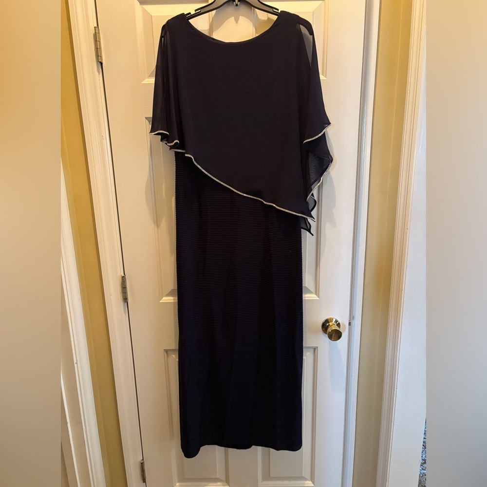 R&M Richards Navy Asymmetrical Dress with rhinestone Trim